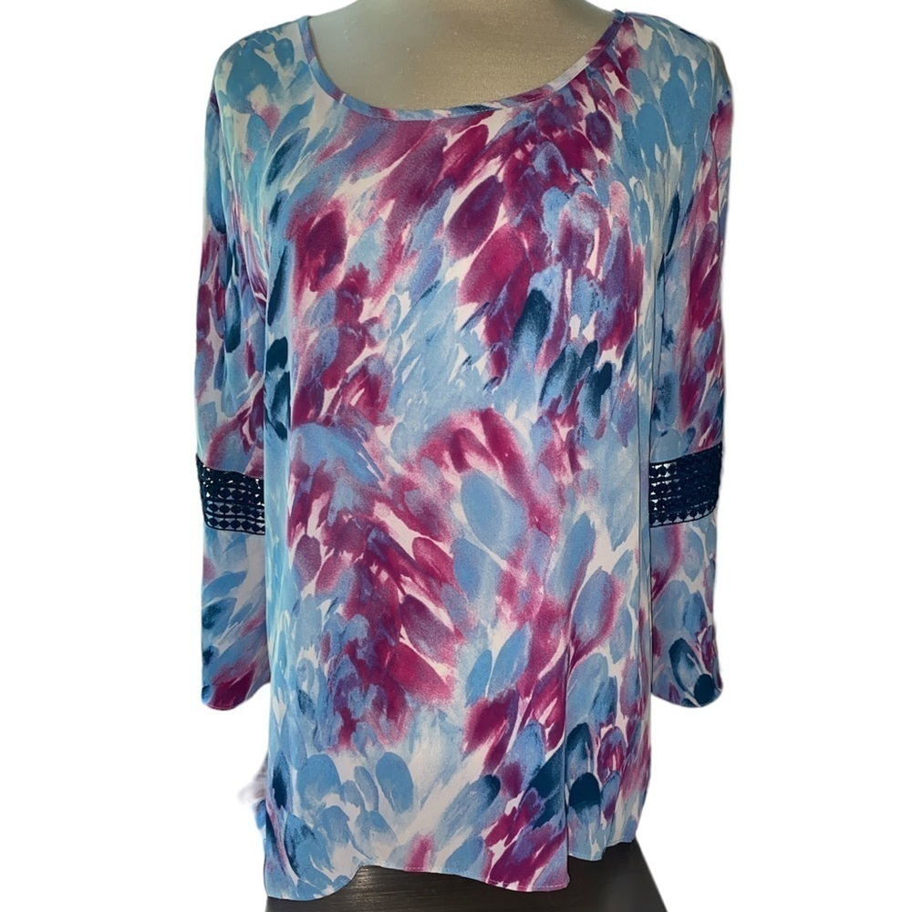 Cato blouse sheer watercolor look bell sleeves w/embellishment keyhole back Sz L